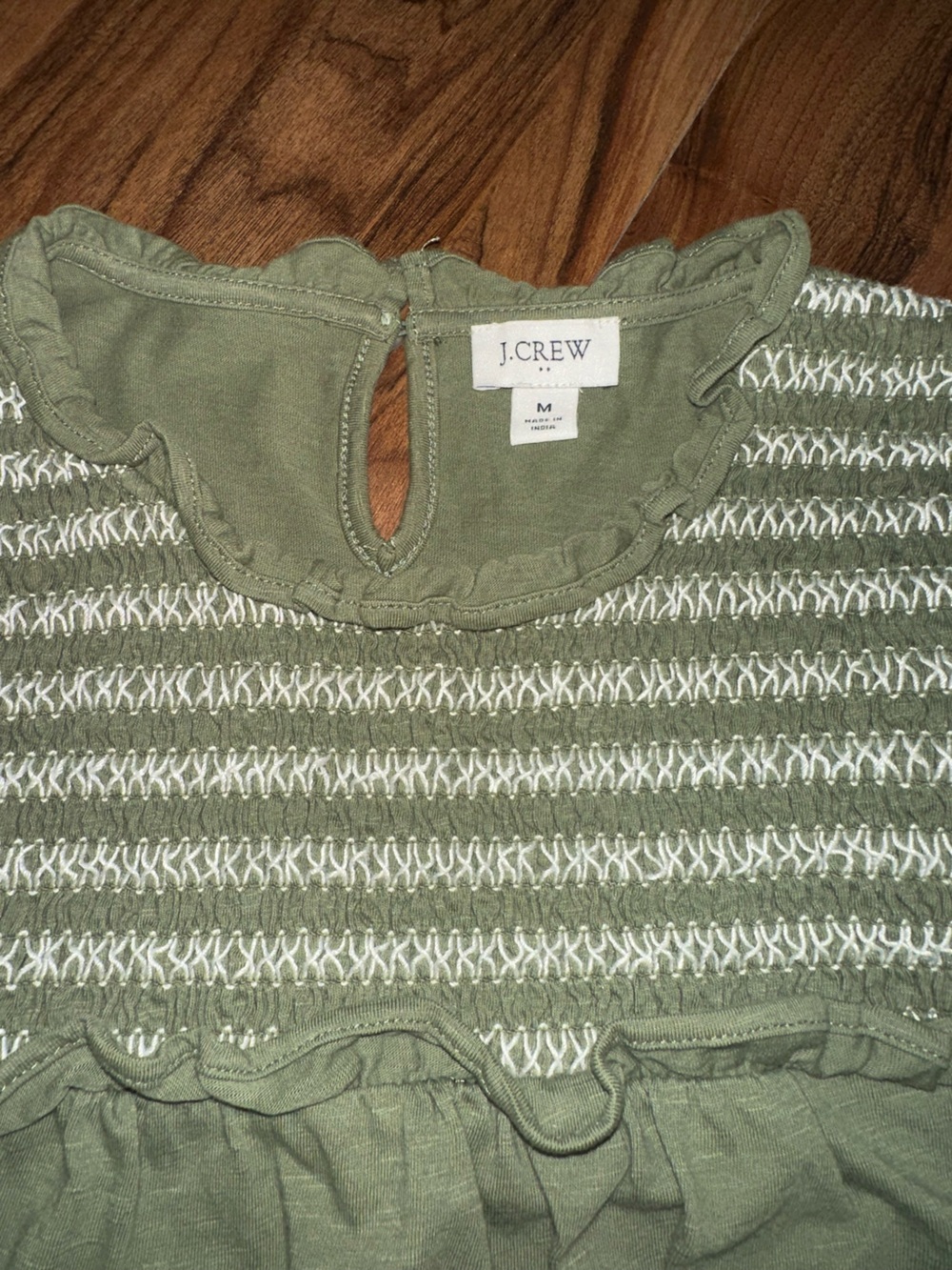 J.Crew Olive Green Smocked Embroidered Flutter Sleeve Top Size Medium - Picture 4 of 5